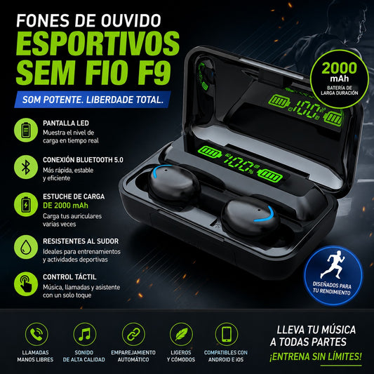 Auriculares Deportivos Inalámbricos F9 con Pantalla LED y Estuche de Carga de 2000 mAh